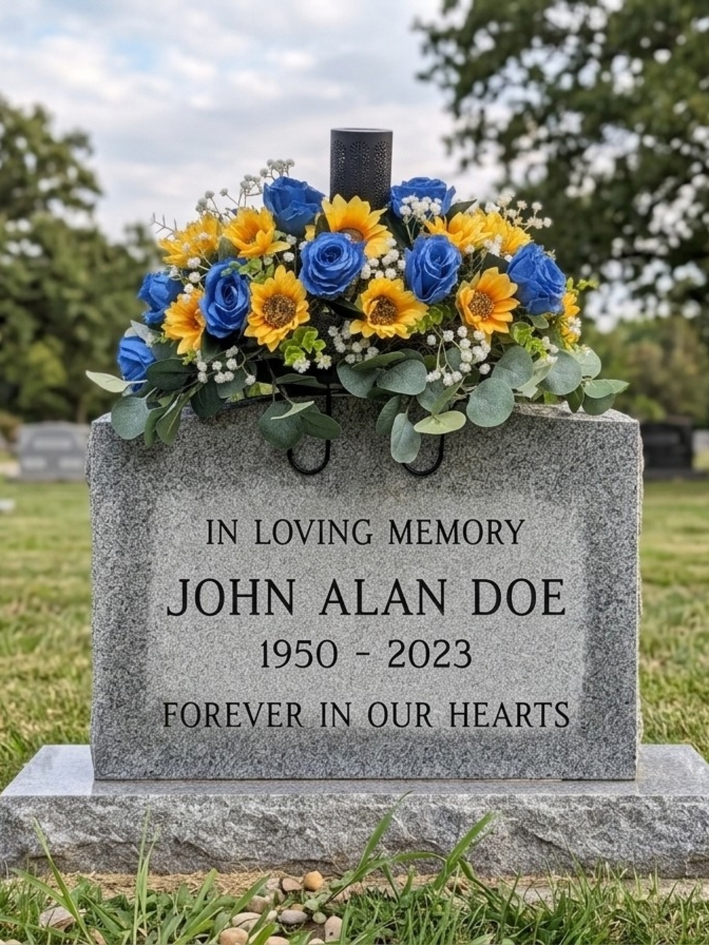 Memorial Floral Spray with Blue Roses & Yellow Sunflowers